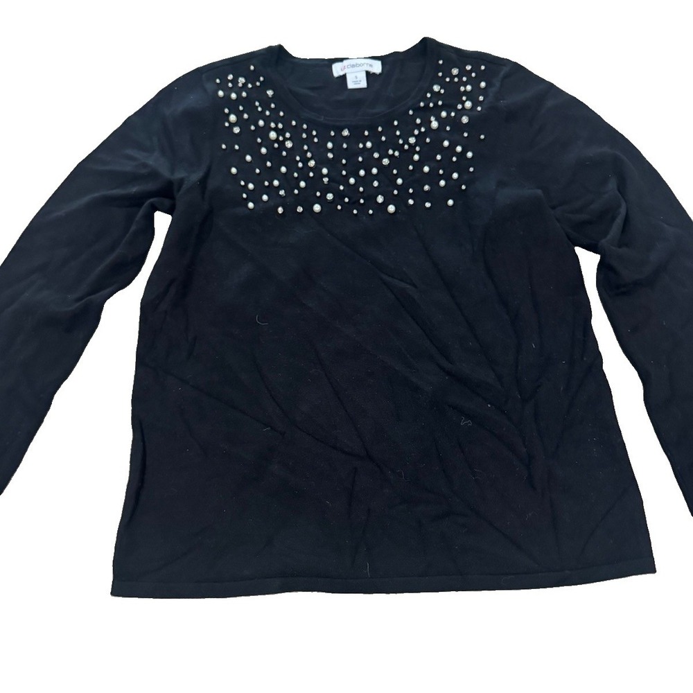 Liz Claiborne Black Pearl Rhinestone Embellished Sweater S Holiday Knit